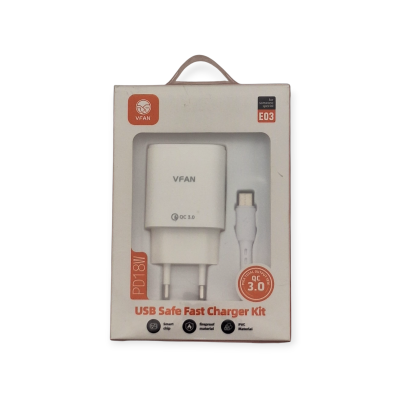 VFAN Φορτιστής με Θύρα USB-A , Καλώδιο USB- Type C 18W Power Delivery / Quick Charge 3.0 Λευκός - E03