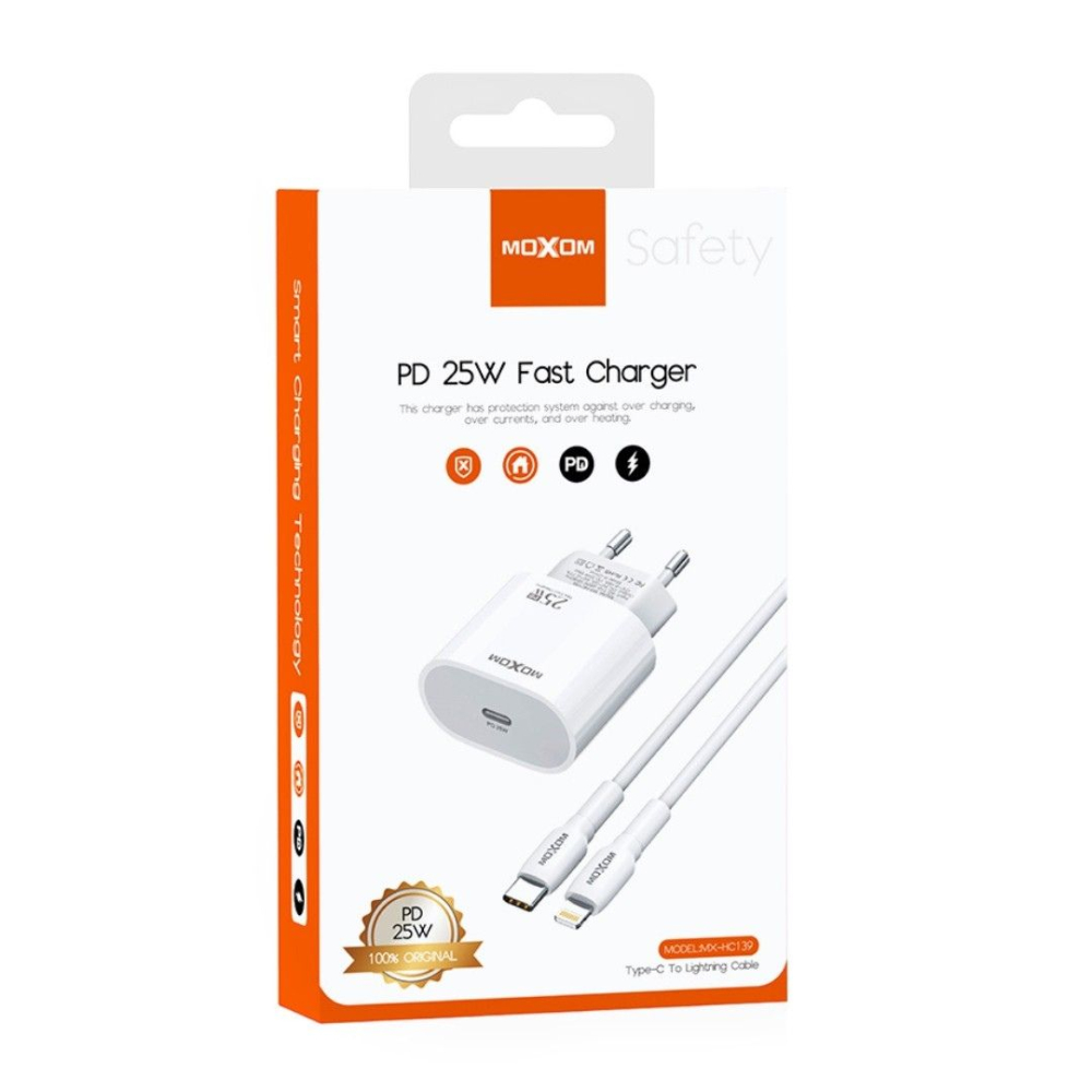 MOXOM Φορτιστής με Θύρα USB-C και Καλώδιο USB-C - Lightning 25W Λευκός - MX-HC139