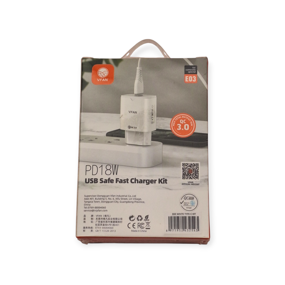 VFAN Φορτιστής με Θύρα USB-A , Καλώδιο USB- Type C 18W Power Delivery / Quick Charge 3.0 Λευκός - E03