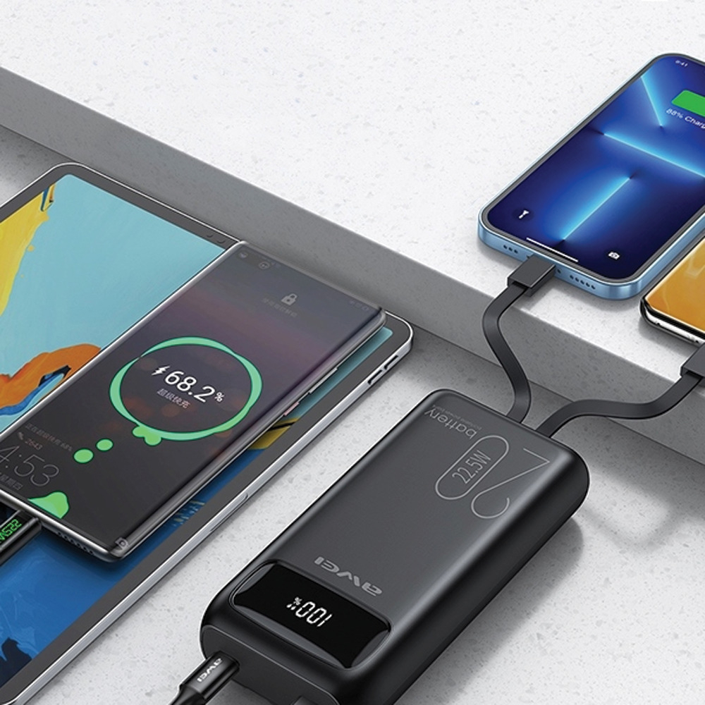 Power bank γρήγορης φόρτισης 20000 mAh 22.5w με 2 Θύρες USB-A και Θύρα USB-C -AWEI P169K - Μαύρο
