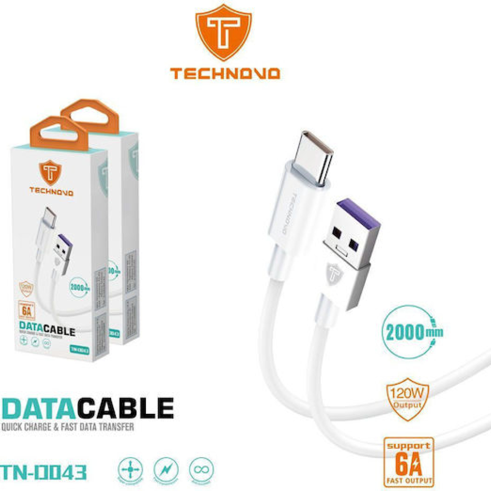 TECHNOVO Καλώδιο φόρτισης & data - USB to Type C – 2m 6A - TN-D043