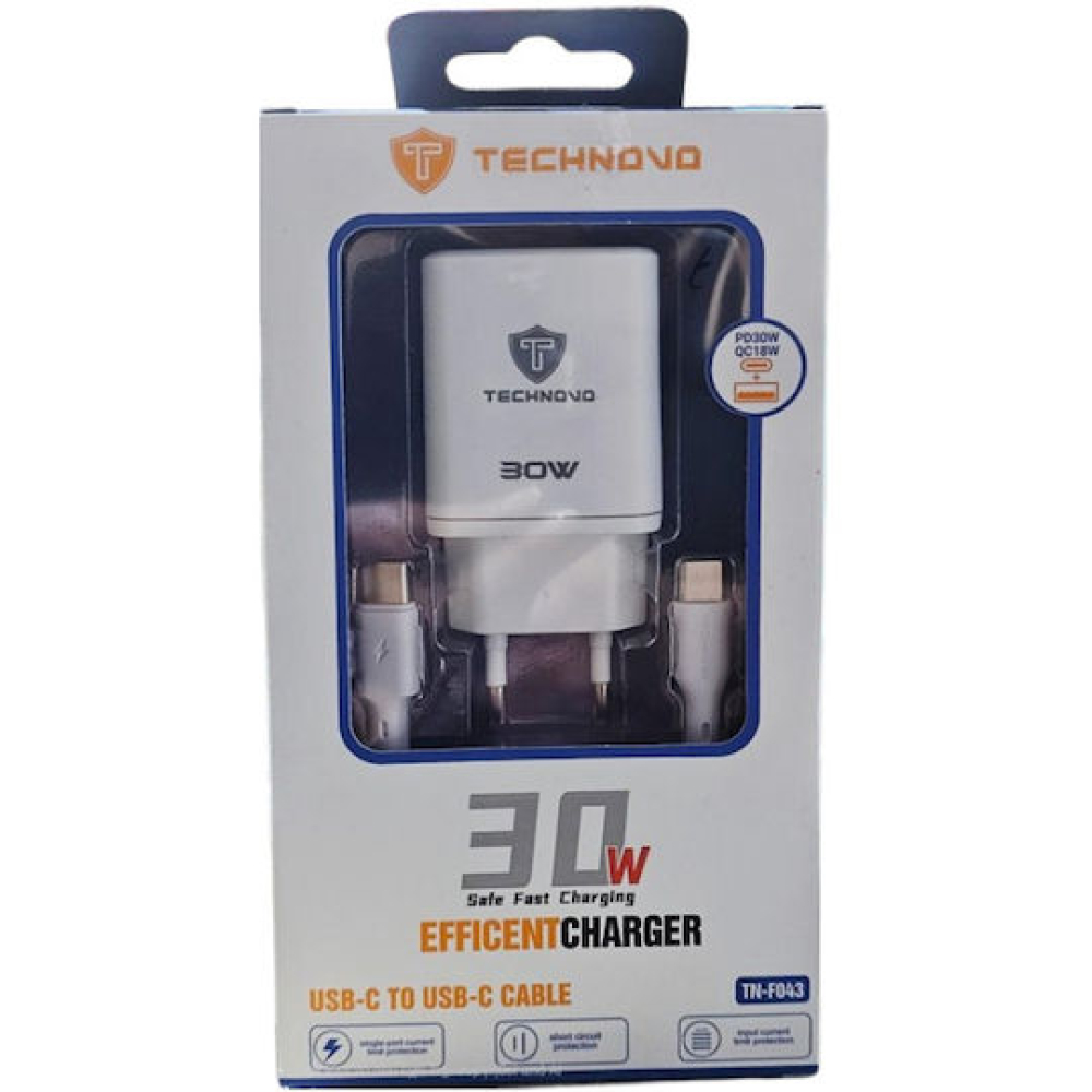 Technovo Φορτιστής με Θύρα USB-A και Θύρα Type C και Καλώδιο Type C - Type C 30W Λευκός - TN-F043