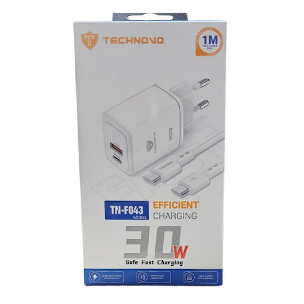 Technovo Φορτιστής με Θύρα USB-A και Θύρα Type C και Καλώδιο Type C - Type C 30W Λευκός - TN-F043