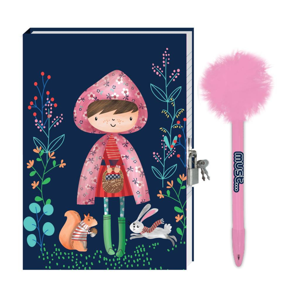 DIARY WITH LOCK 12X18CM 60SH 60GR AND PEN WITH POM POM MUST