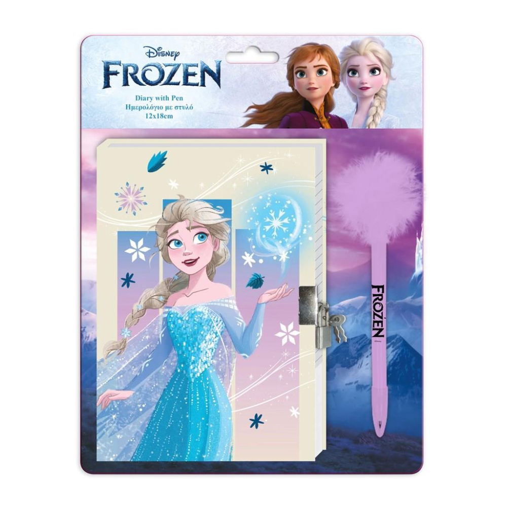 DIARY WITH LOCK 12X18CM 60SH 60GR AND PEN WITH POM POM FROZEN