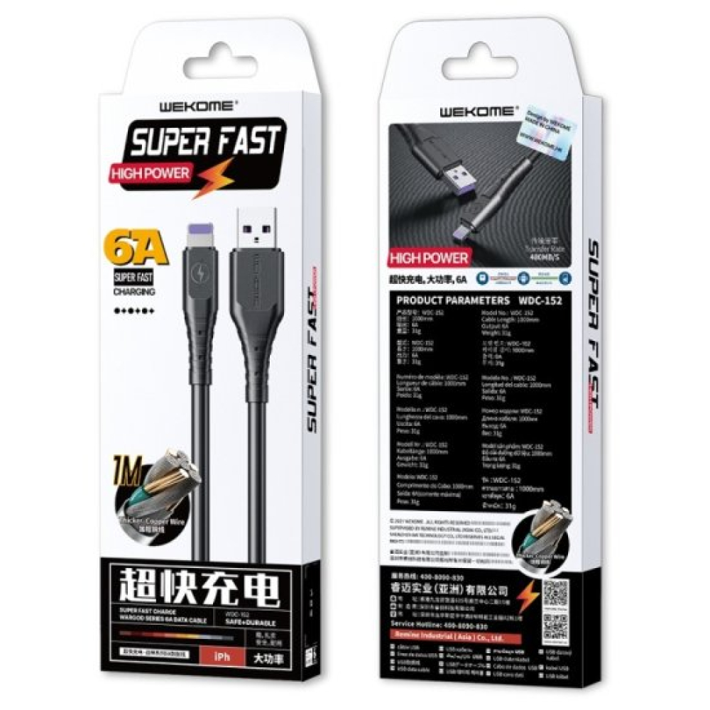 Wekome Καλώδιο φόρτισης & data Super Fast 6A USB to Lightning - 1m Μαύρο WDC-152