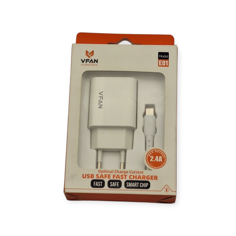 VFAN Φορτιστής με Θύρα USB-Α , Καλώδιο USB- Type C Λευκός - E01