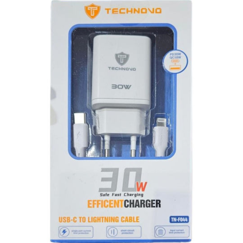 Technovo Φορτιστής με Θύρα USB-A και Θύρα Type C και Καλώδιο Type C- LIGHTNING CABLE 30W Λευκός - TN-F044