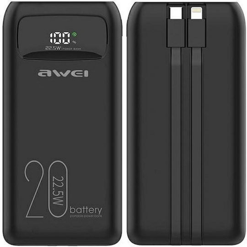 Power bank γρήγορης φόρτισης 20000 mAh 22.5w με 2 Θύρες USB-A και Θύρα USB-C -AWEI P169K - Μαύρο