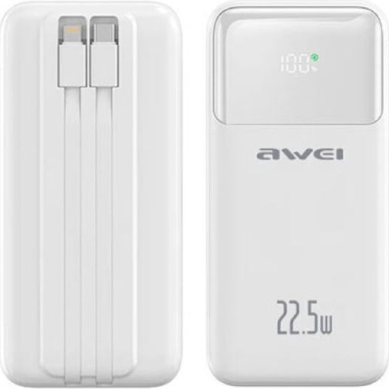 Power bank γρήγορης φόρτισης 10000mAh 22.5W με 2 Θύρες USB-A και Θύρα USB-C -AWEI P106K - Λευκό